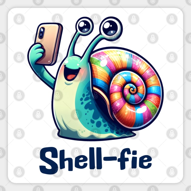 Cute happy snail taking a smartphone Shell-fie pun design Magnet by Luxinda